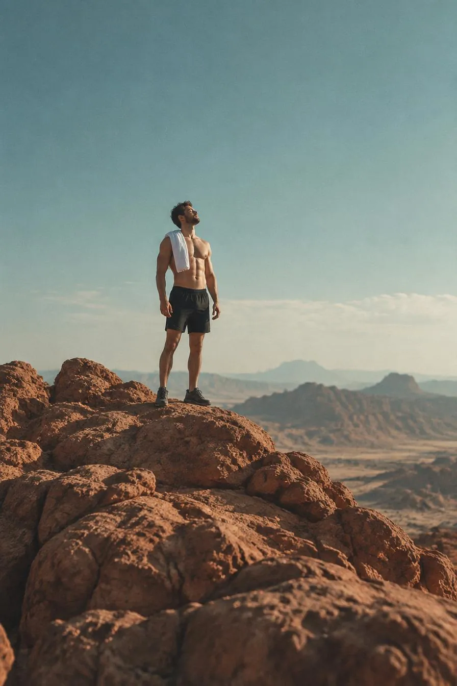 Athlete at the summit of a desert ridge at first light